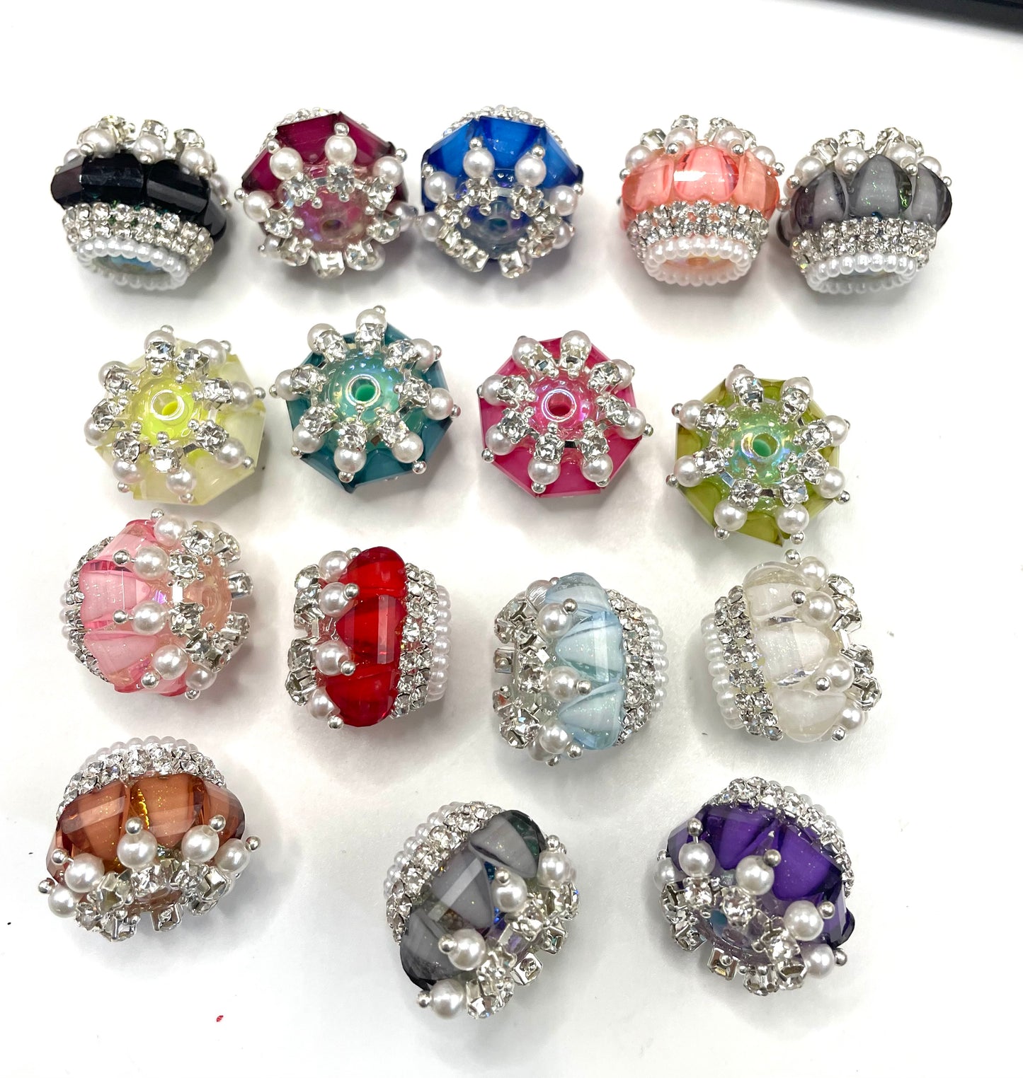 Beaded beadable fancy bead diy bead ornaments with pearl rhinestone chain and heart shape acrylic,random mix color 20mm to 21mm