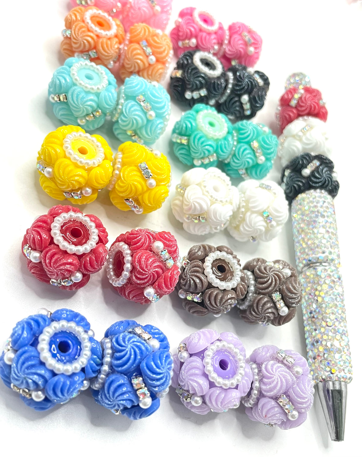 DIY beaded beadable fancy beads ornaments with heart shaped swirl and pearl and rhinestones,random mix