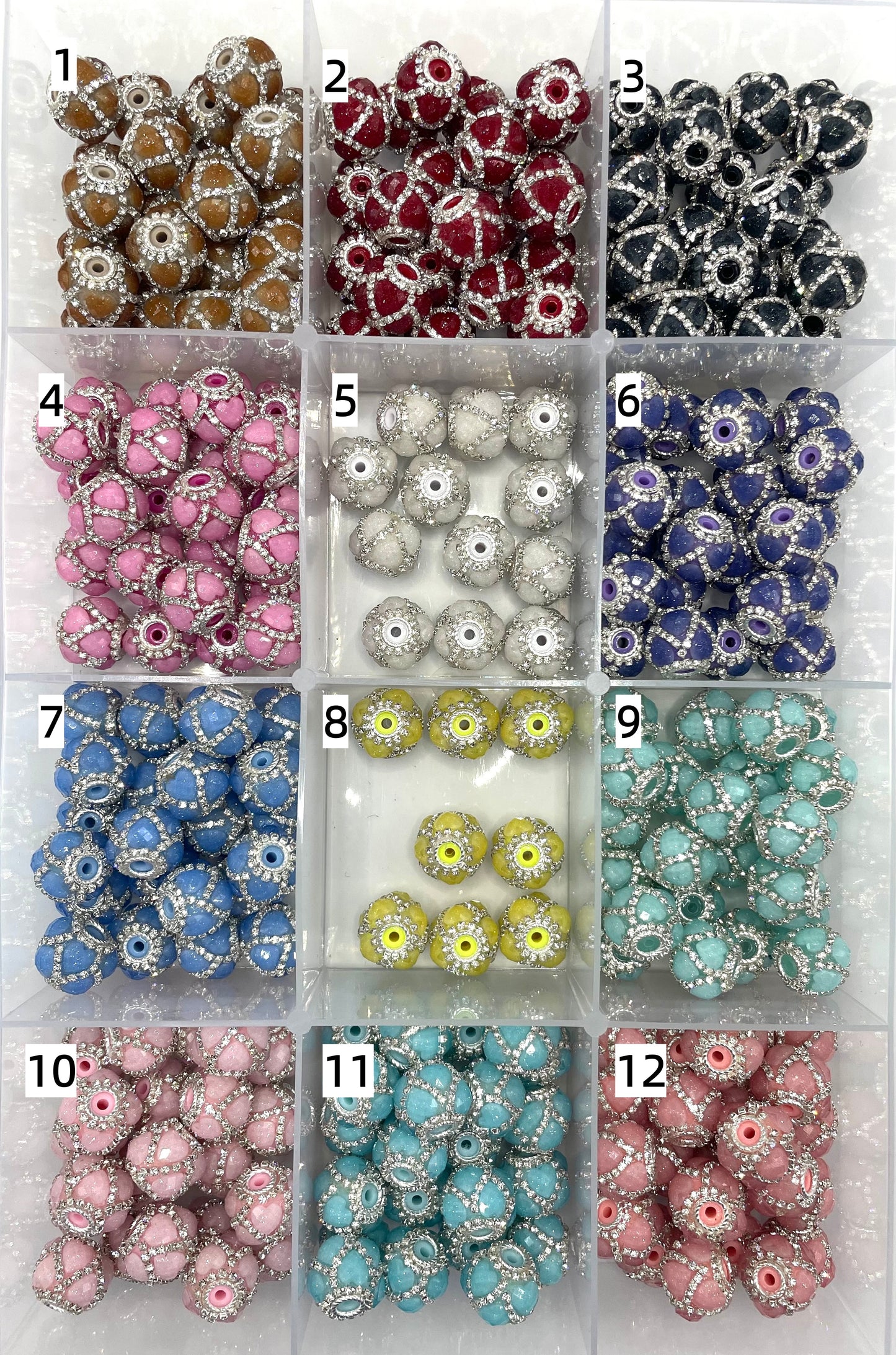 glitter heart bead with silver rhinestone chain fancy beads 18mm Random Mix