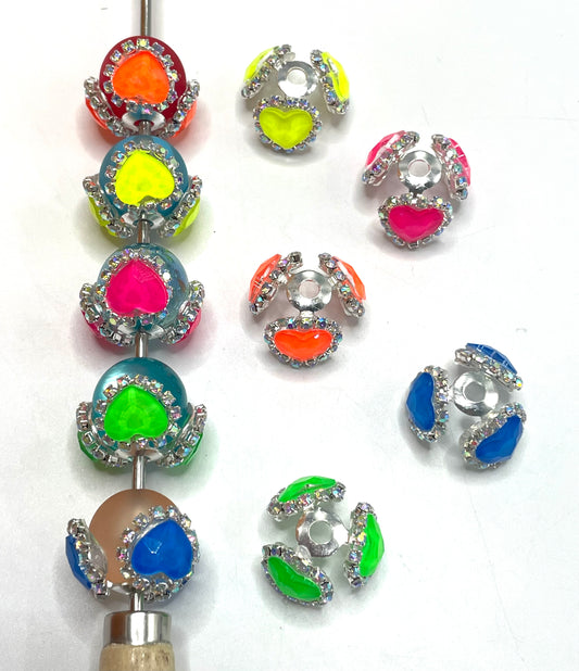 beaded beadable fancy bead cap spacer colored crystal rhinestone metallic bead cap Neon random mix