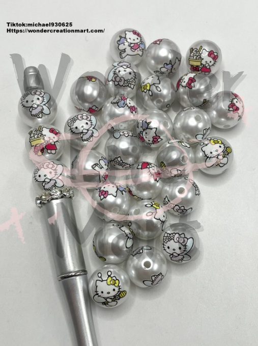 HK Cartoon Cat Characters Painted Acrylic Round Beads,Random Mix,16mm