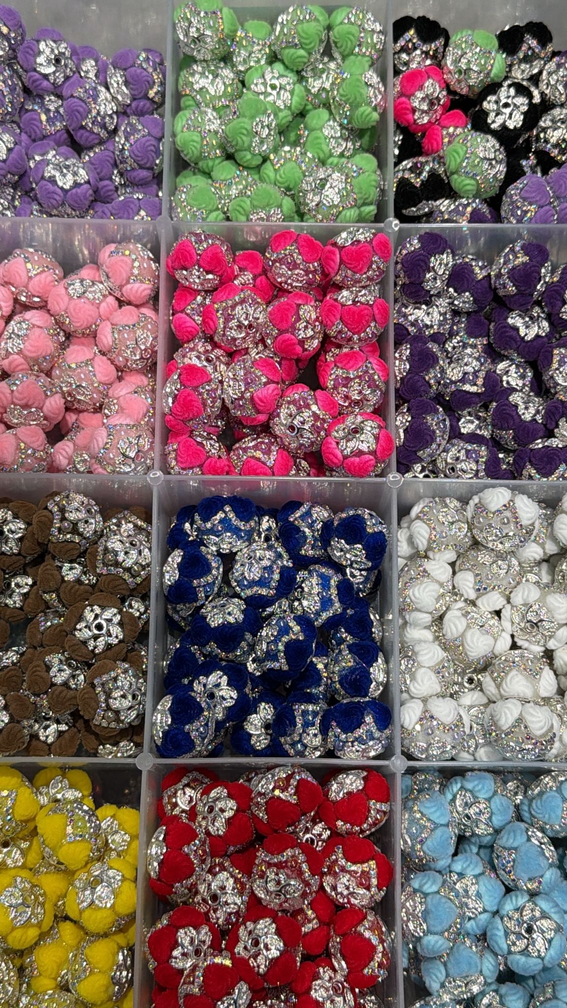 DIY beaded beadable fancy beads ornaments with fuzzy flocked heart shaped swirl and pearl and bead cap and rhinestones,random mix