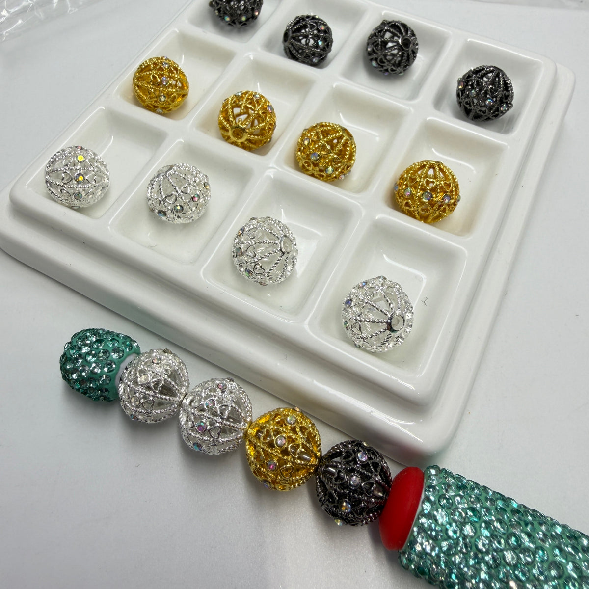 12mm fancy bead hollow beads with rhinestone small heart fancy beads