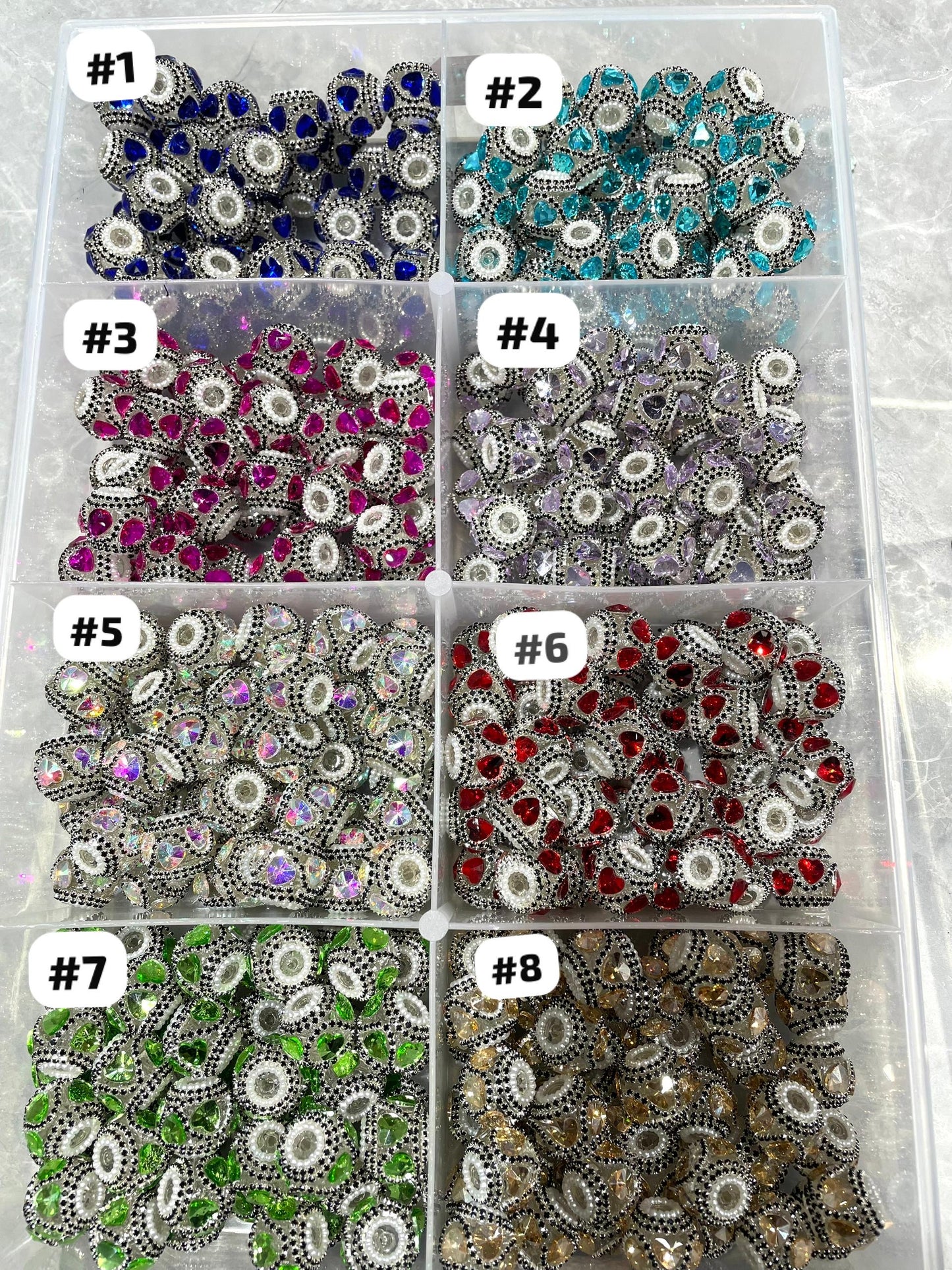 Beaded beadable clear transparent base acrylic fancy bead with crystal heart and black rhinestone chain and white color pearl ring