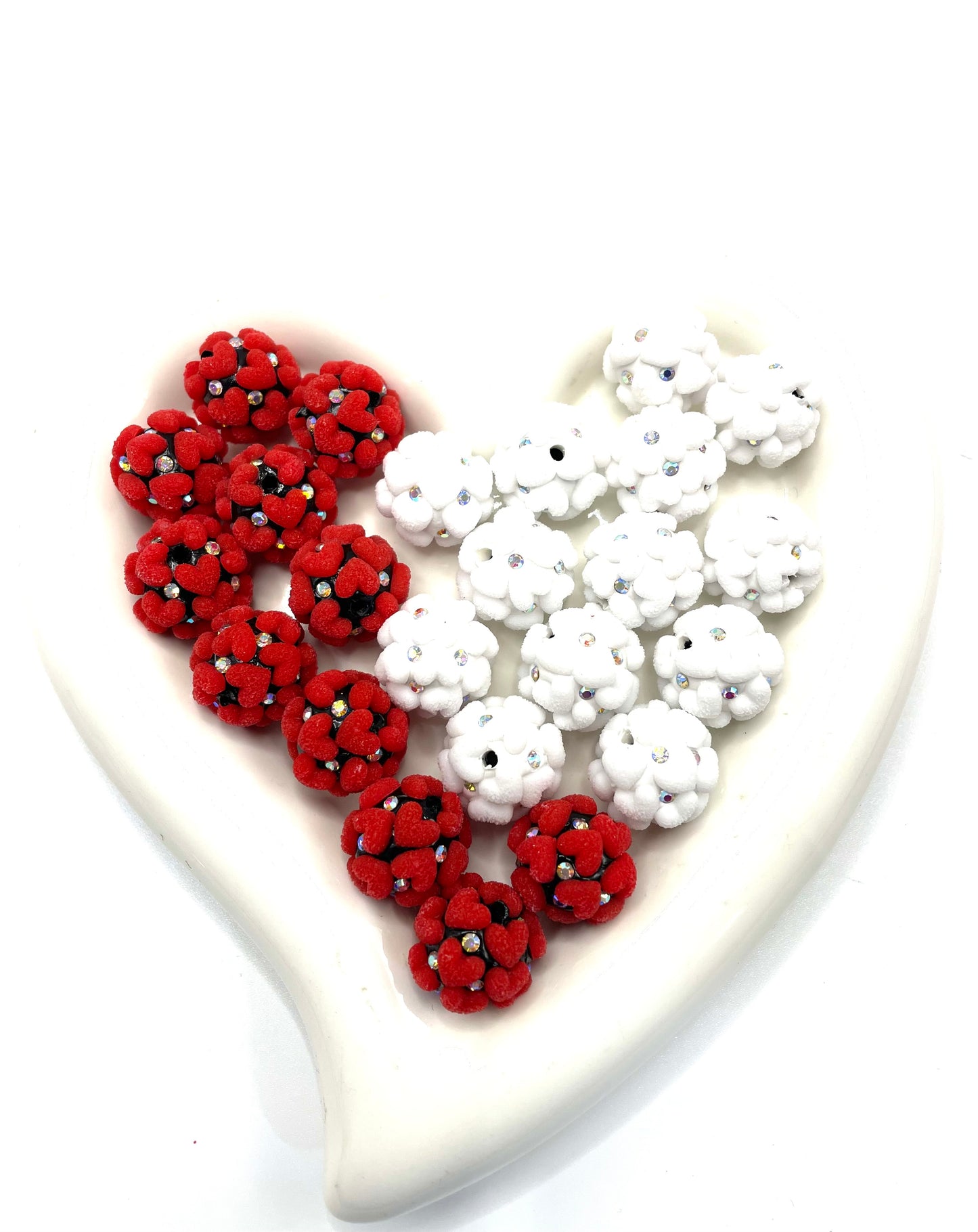 DIY beaded beadable fancy fuzzy flocked heart ornaments with rhinestone