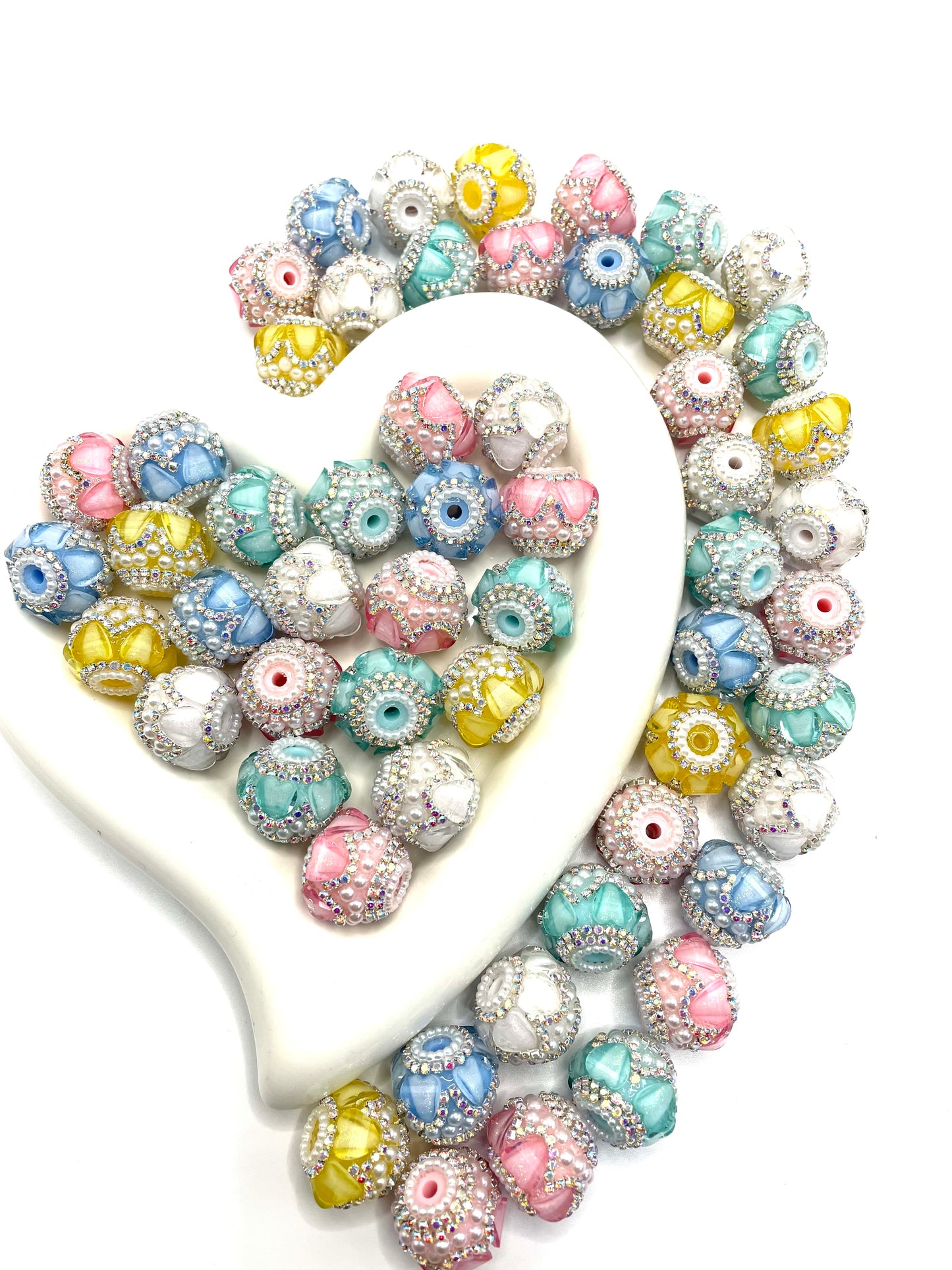 Beaded beadable fancy lantern heart beads ornaments with rhinestone silver color or gold color chain and pearl ,random mix