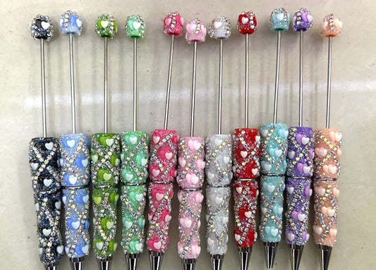 diy beaded beadable beady fancy pen ornaments with double heart and rhinestone chain ,random mix