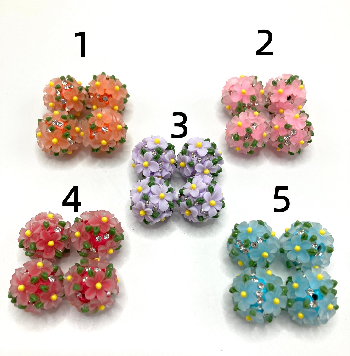 Fancy Beads Clay flower beads Flowers and green leaves Rhinestone Random Mix