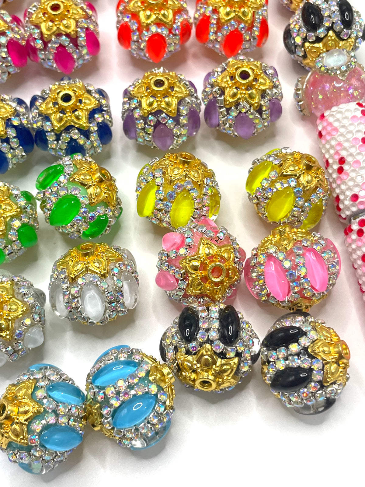 DIY beaded beadable fancy beads ornament with horse eyes stone and metal golden bead cap rhinestone chain ,random mix