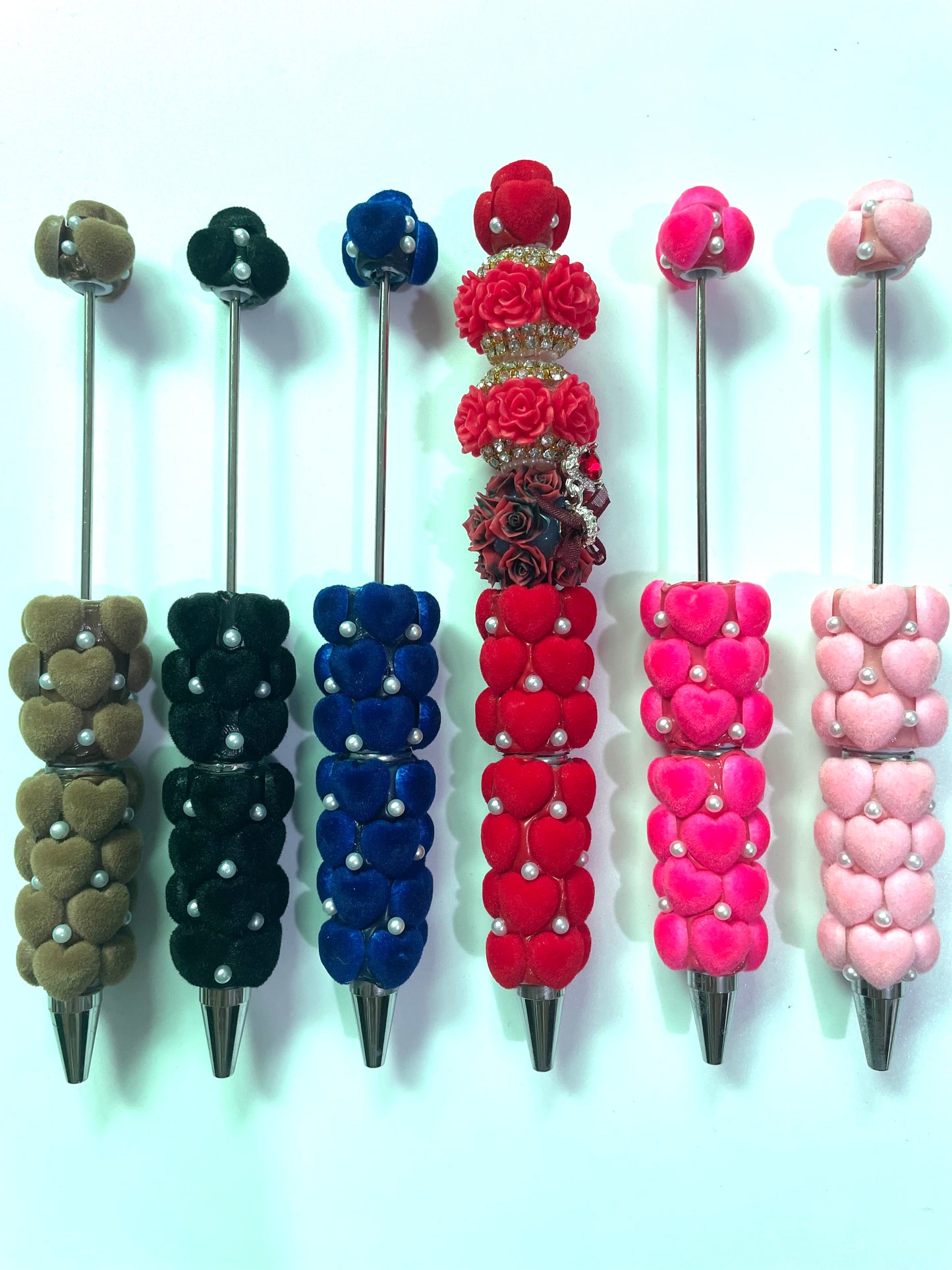 beaded beadable fancy flocked fuzzy heart pens,colored