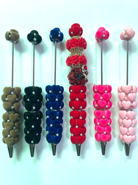 beaded beadable fancy flocked fuzzy heart pens,colored