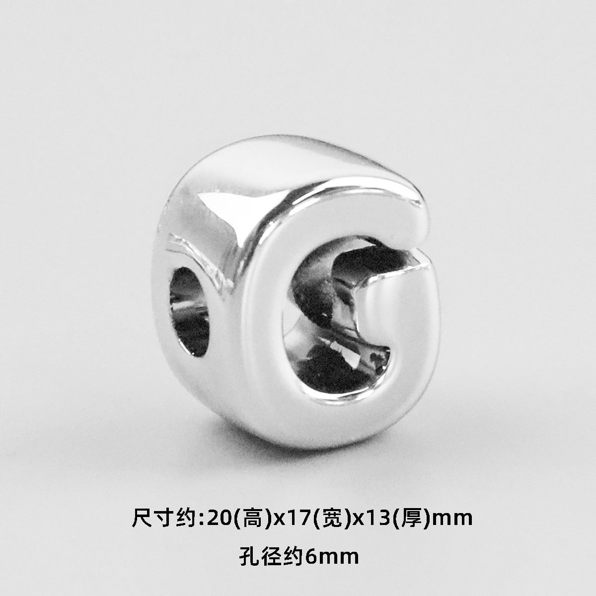 beaed beadable acrylic letter diameter :6mm (approimately H: 20mm  W:16mm T:13mm)