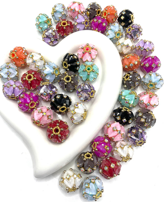 diy beadable beaded beady fancy heart beads ornament with rhinestone chain silver or gold color ,