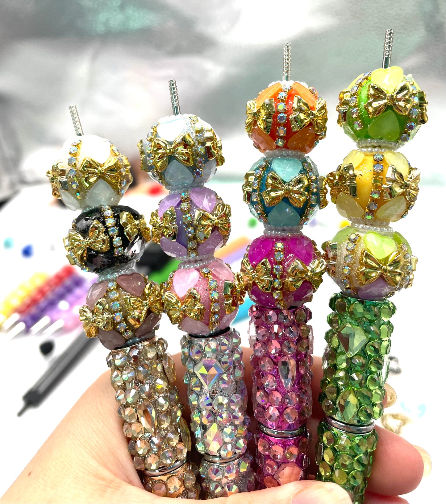 diy  beaded beadable fancy bow bead ornaments with  golden color bow and rhinestone chain