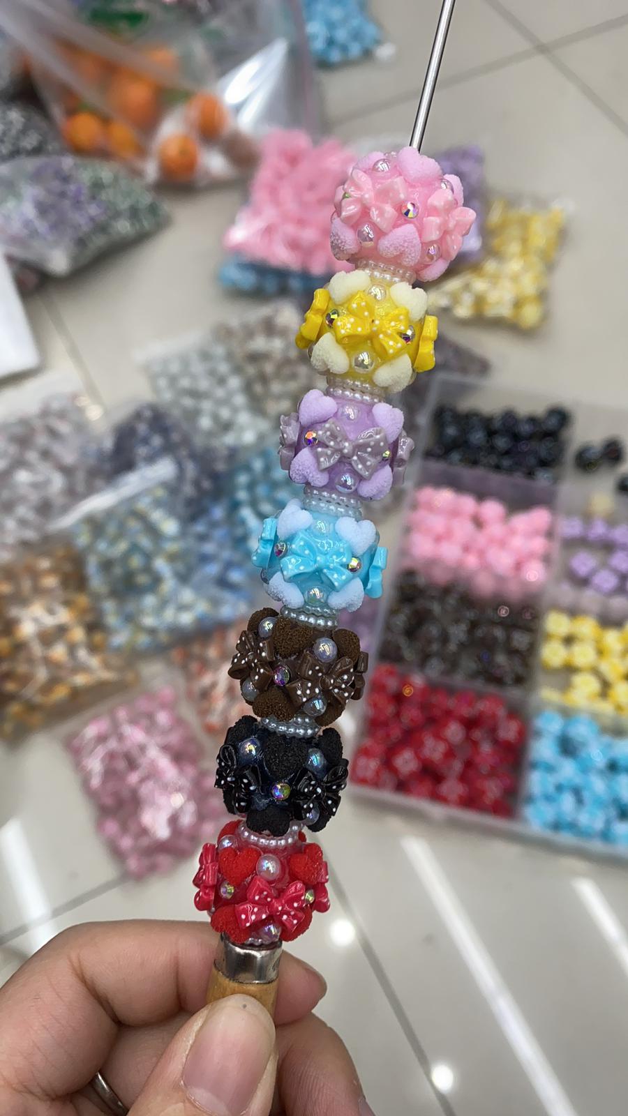 Beaded beadable fancy beads ornament with bow and pearl and heart bow bead heart bead ,color,random mix