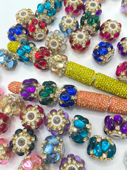 diy beaded beadable fancy beads ornaments with golden color rhinestone chain and pearl and water drip shap stone ,random mix