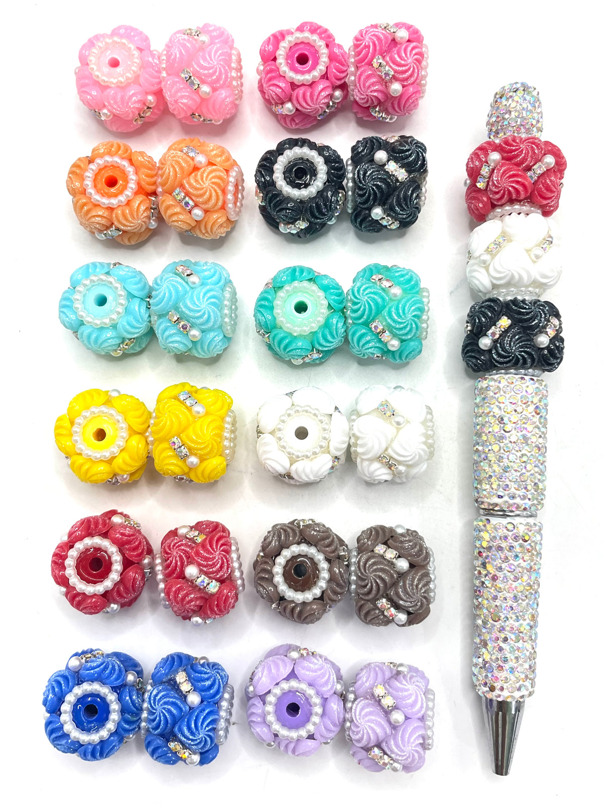 DIY beaded beadable fancy beads ornaments with heart shaped swirl and pearl and rhinestones,random mix