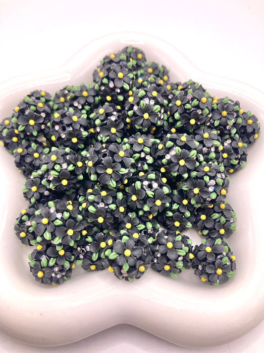 Fancy Beads Flowers and green leaves Black petals with green leaves - flower beads