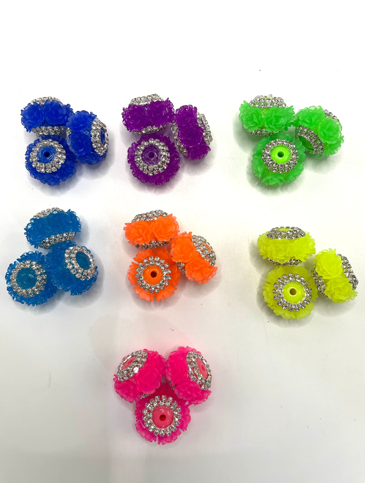 Beaded beadable fancy flower beads neon colored with rhinestone chain,random mix
