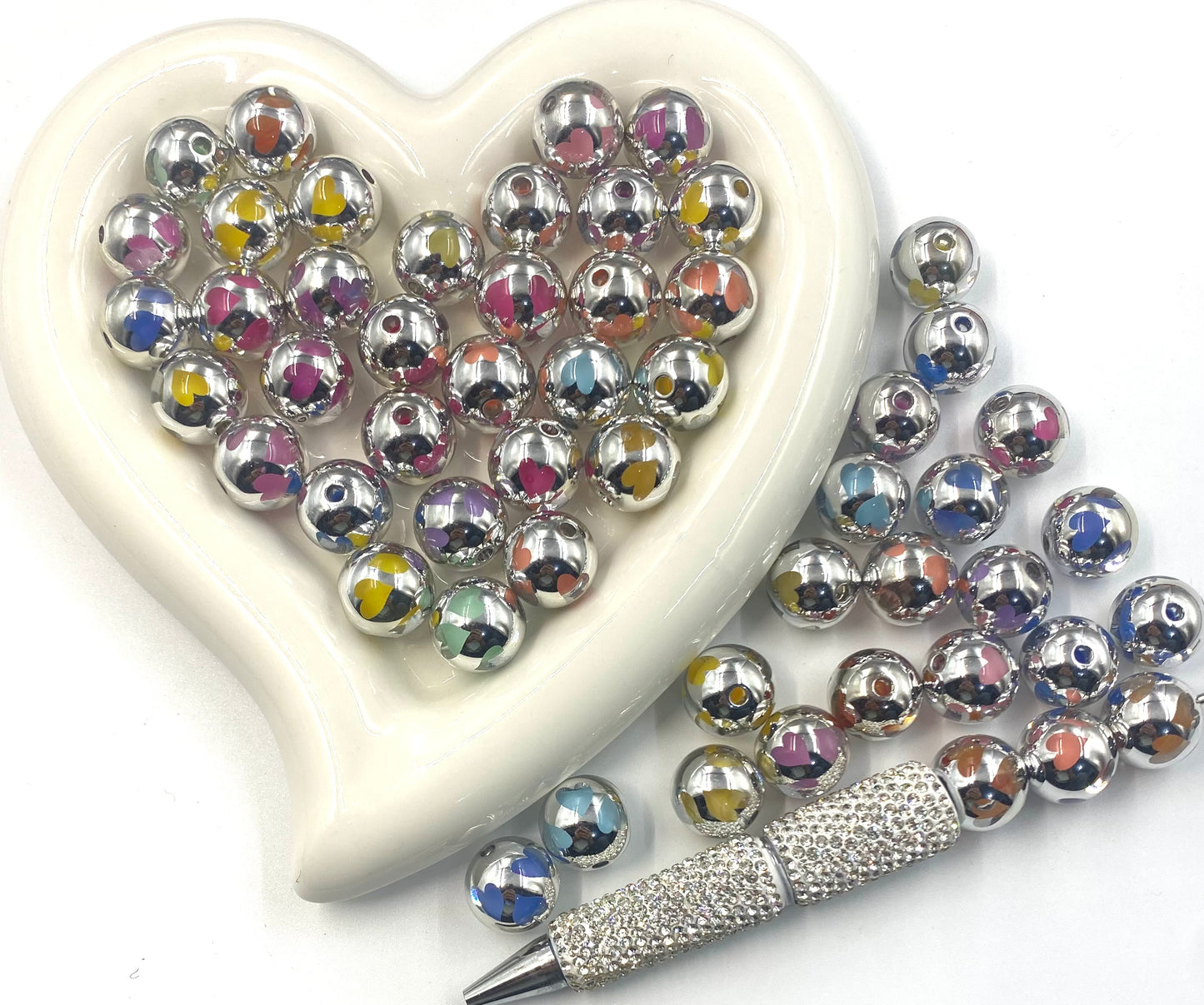 beaded beadable acrylic star and heart print beads 16mm