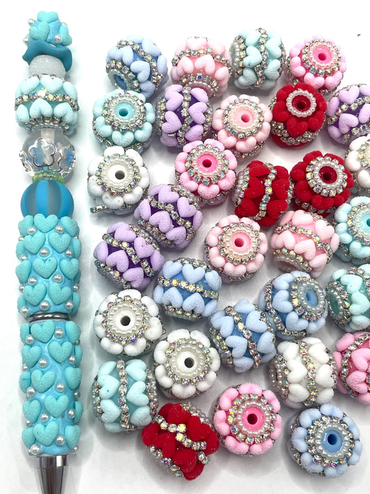 beaded beadable fancy fuzzy heart with silver rhinestone chain Clay heart Beads Sandblasted heart shape Chain Pearl gasket 19mm Random Mix