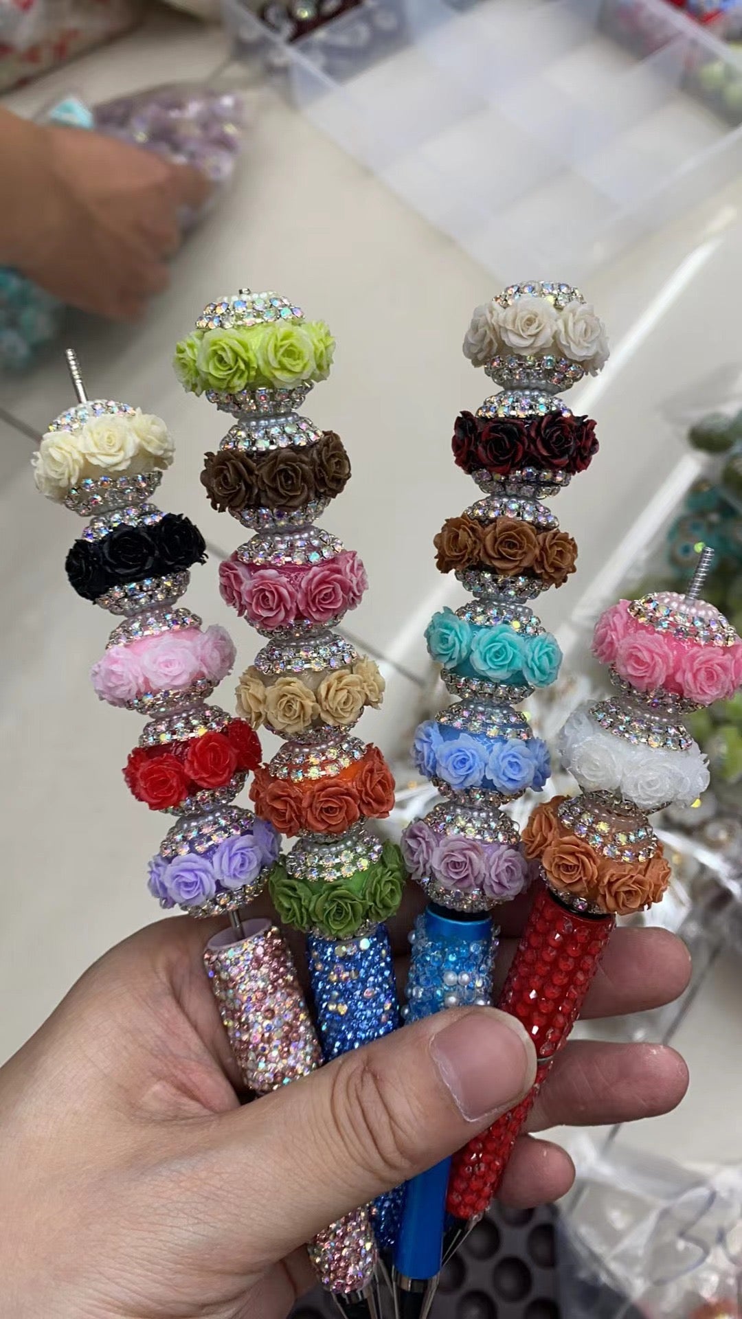 diy beaded beadable fancy rose flower beads ornaments with rhinestone chain and pearl