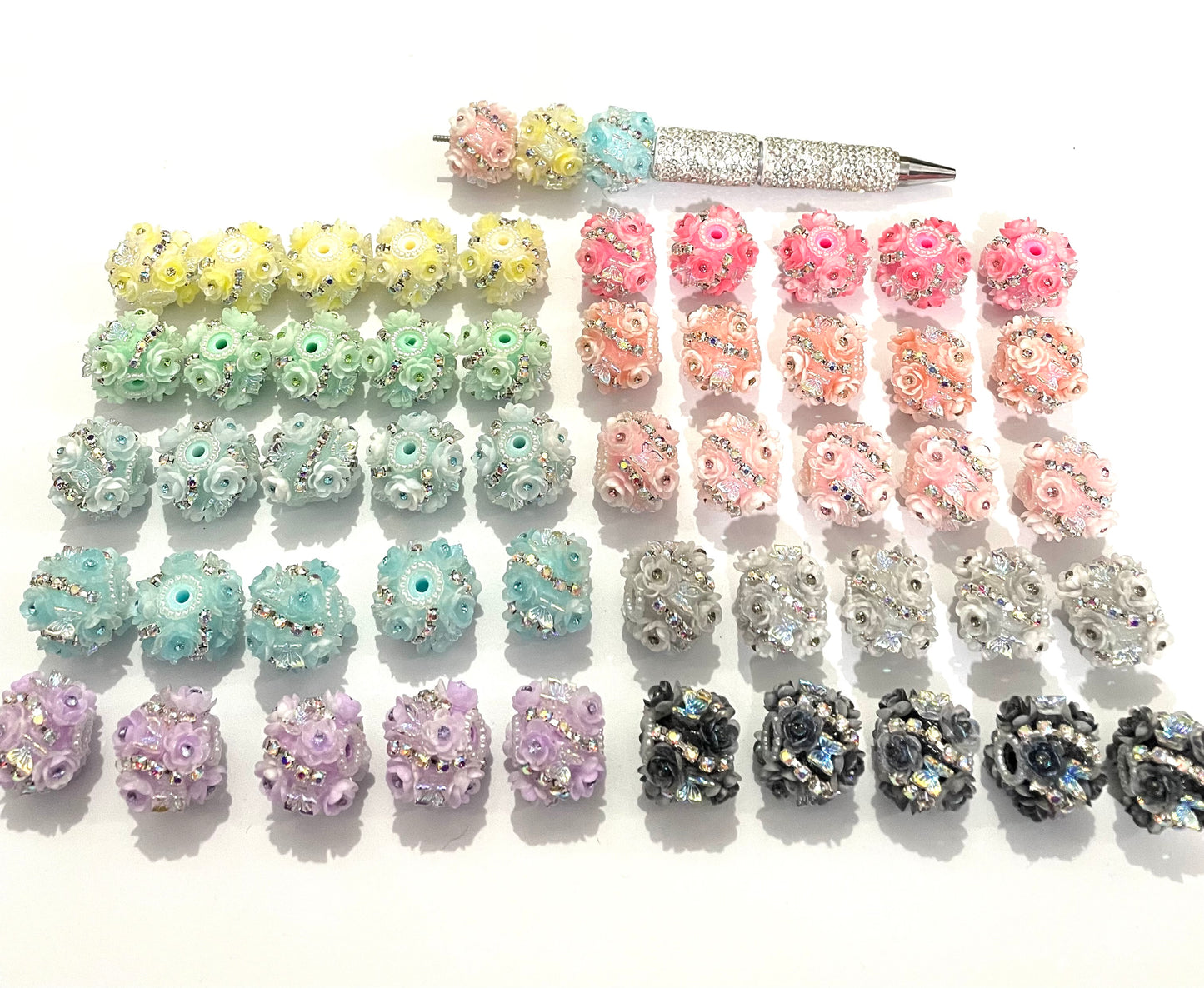 beaded beadable fancy flower ornaments with butterfly and rhinestone chain ,colored ,random mix