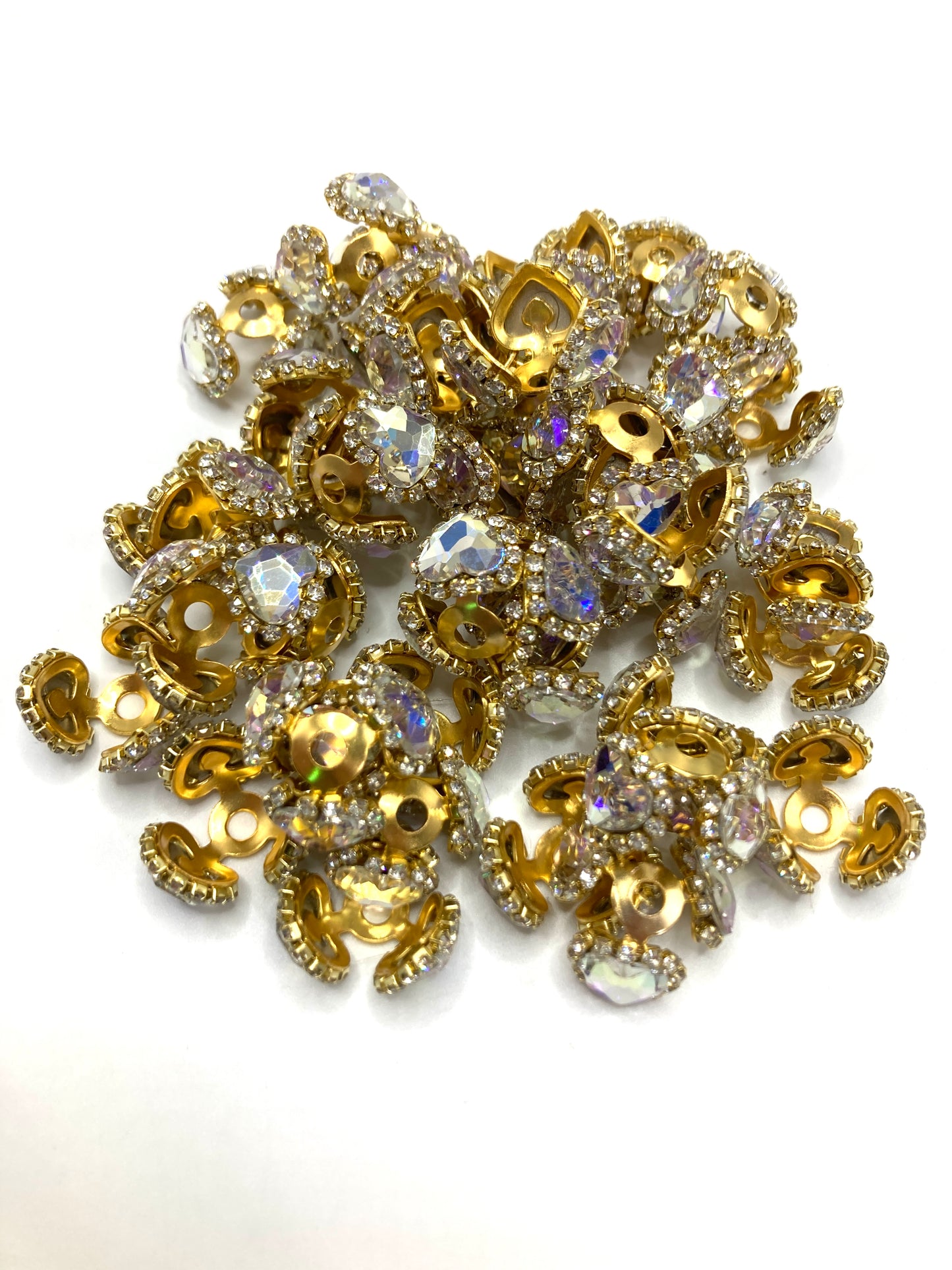Metal spacer beads Golden multi-colored heart spacer beads bead cap spacer with rhinestone heart