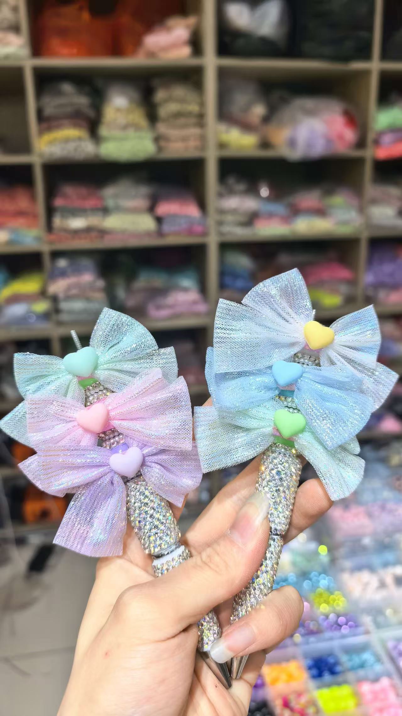 Beaded beadable Textile bead heart bow bead textile fabrica bow knot with fuzzy heart and pearl and rhinestone chain