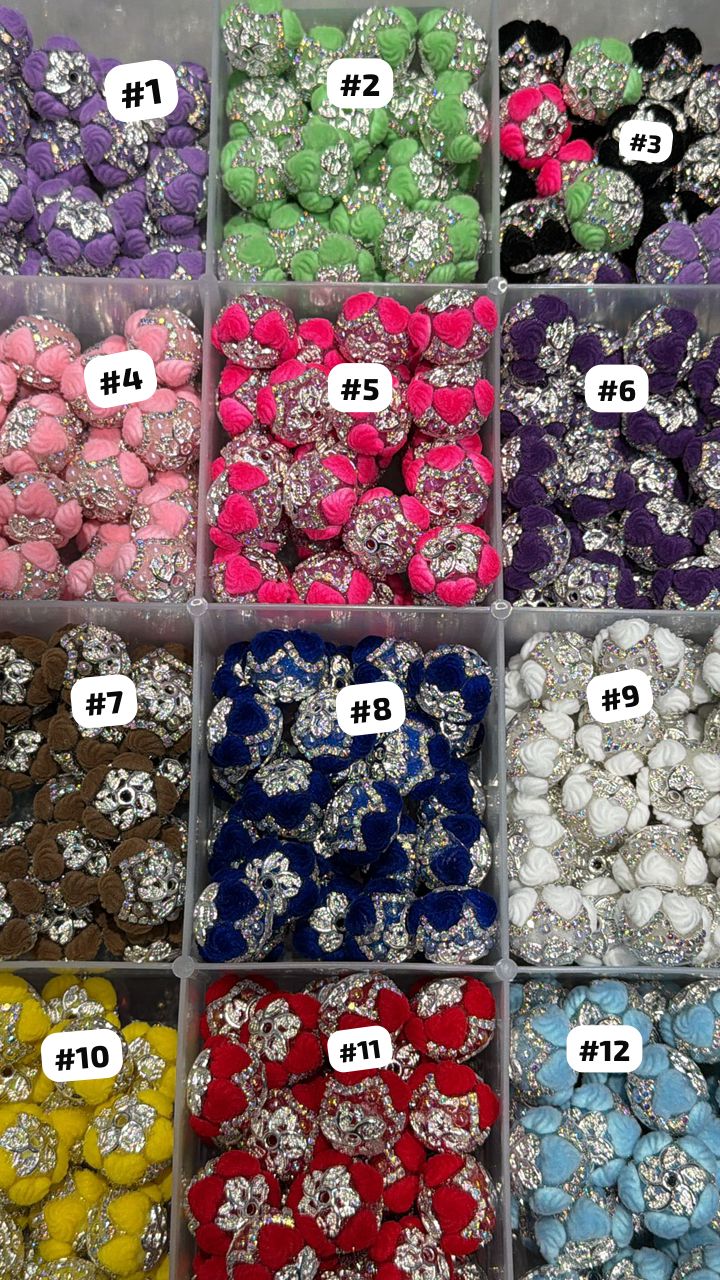 DIY beaded beadable fancy beads ornaments with fuzzy flocked heart shaped swirl and pearl and bead cap and rhinestones,random mix
