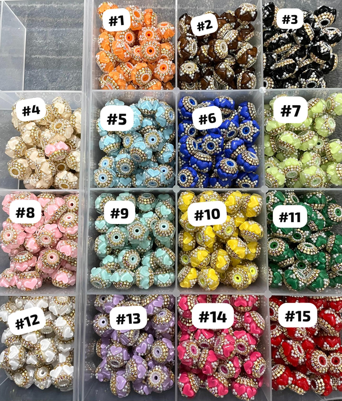 gold color rhinestone chain diy beaded beadable heart shape fancy beads ornaments with pearl and gold color rihnestone chain,colored ,random mix