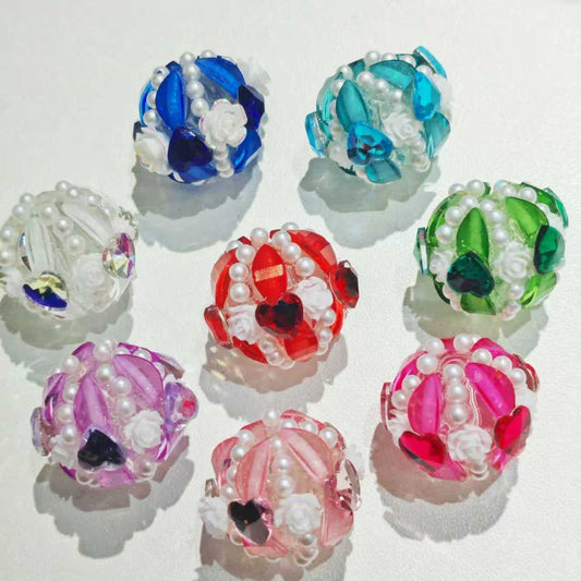 beaded beadable fancy lantern clear base bead fancy crystal heart with flower and pearl,colored ,random mix