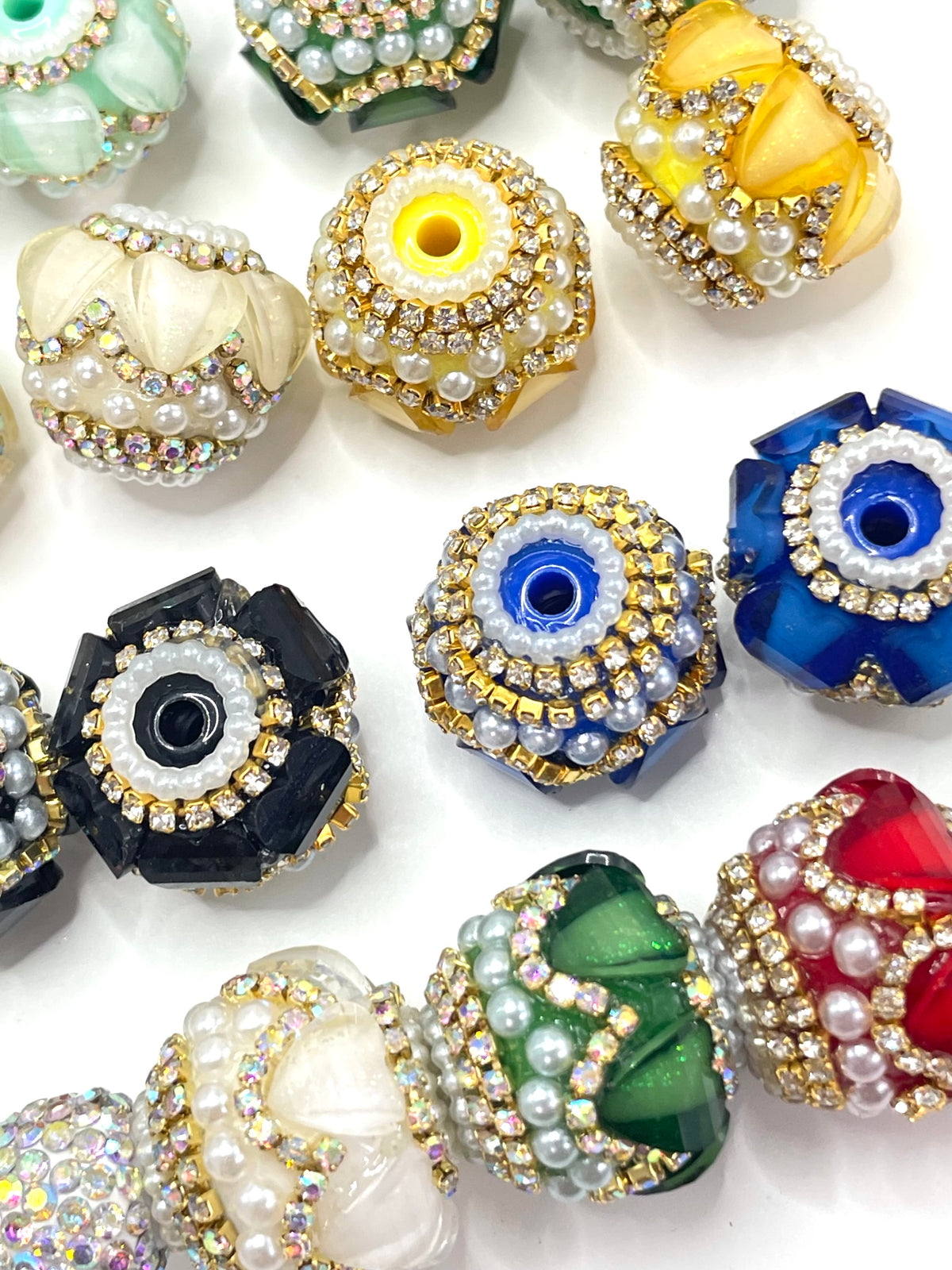 Beaded beadable fancy lantern heart beads ornaments with rhinestone silver color or gold color chain and pearl ,random mix