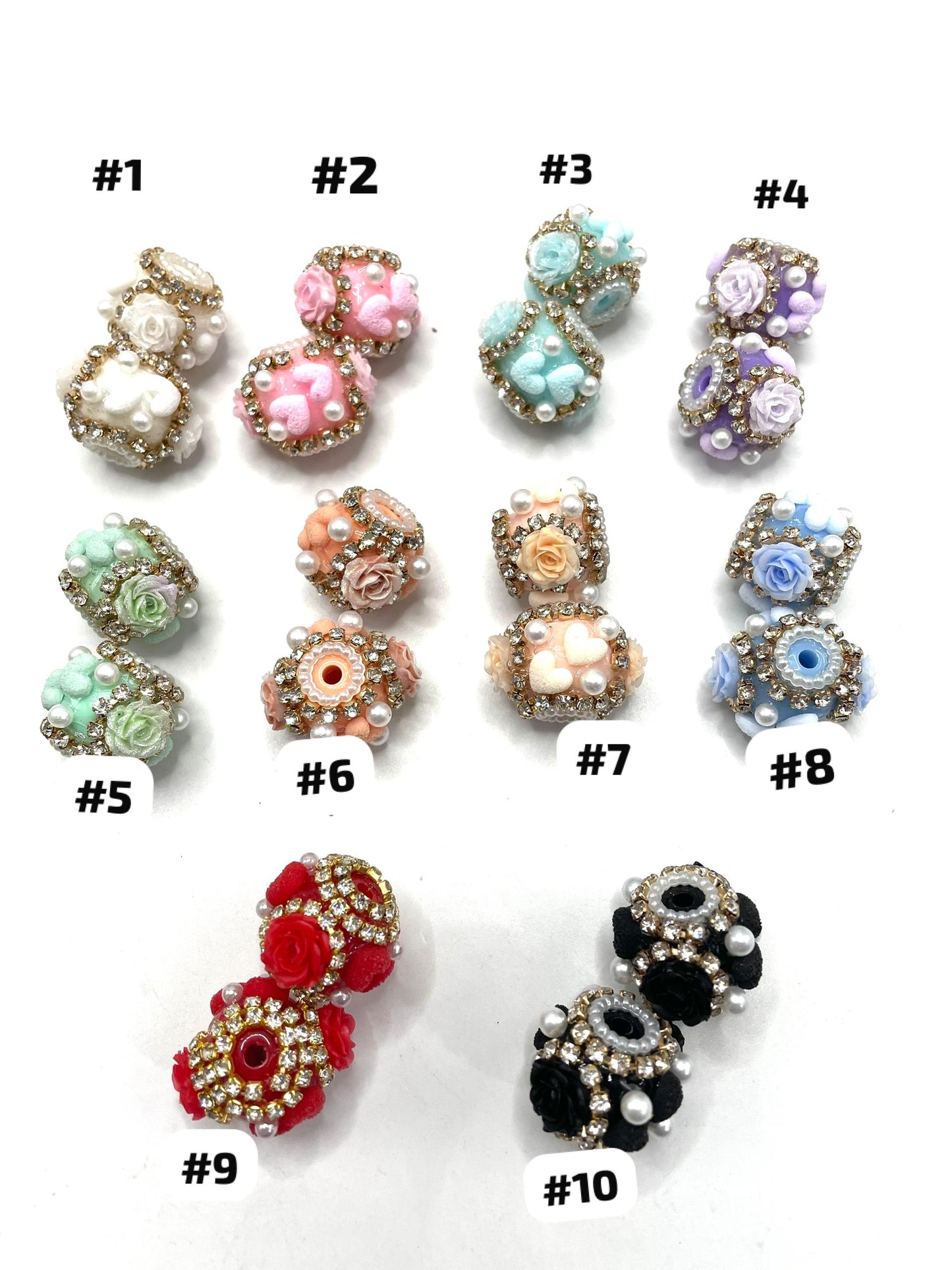 beaded beadable fancy heart beads with rose flowers ornamental with pearl and rhinestone chain,colored ,random mix