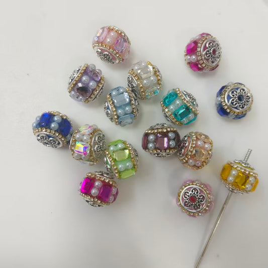DIY beaded beadable fancy beads ornaments with paguette shaped stone pearl metal bead cap up and down,colored