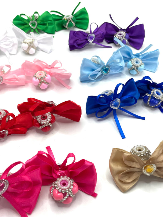 beaded beadable fancy bow bead with crystal heart textile bow ,colored, Chain decoration Smooth acrylic random mix