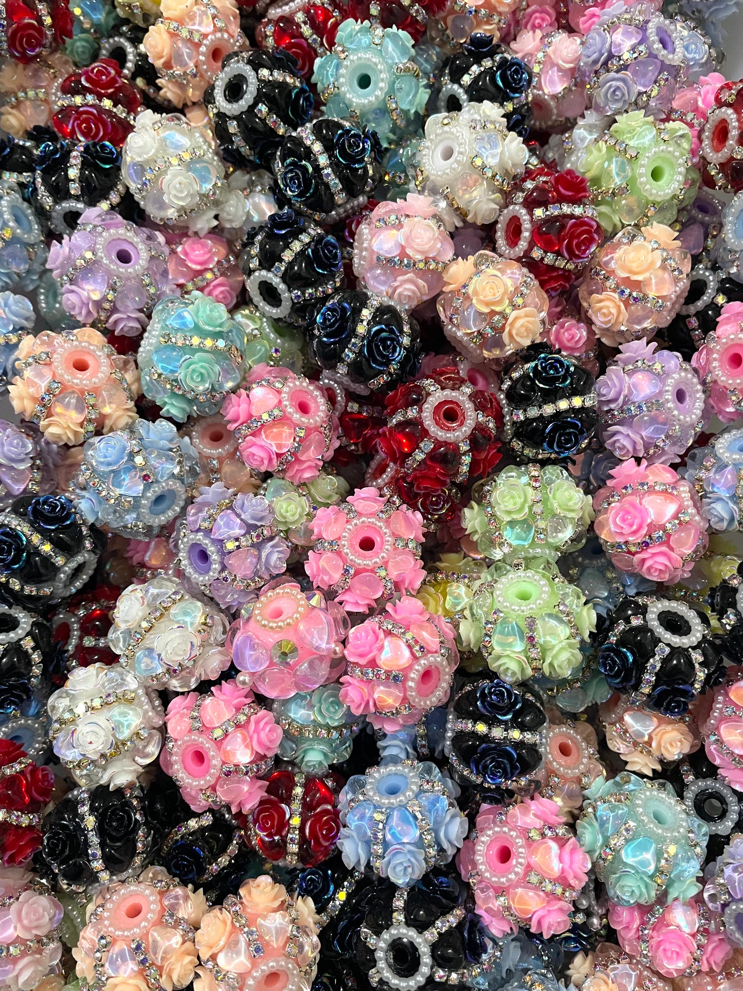 Beaded beadable fancy flower beads ornaments with heart shaped stone and rhinestone chain and pearl ,random mix