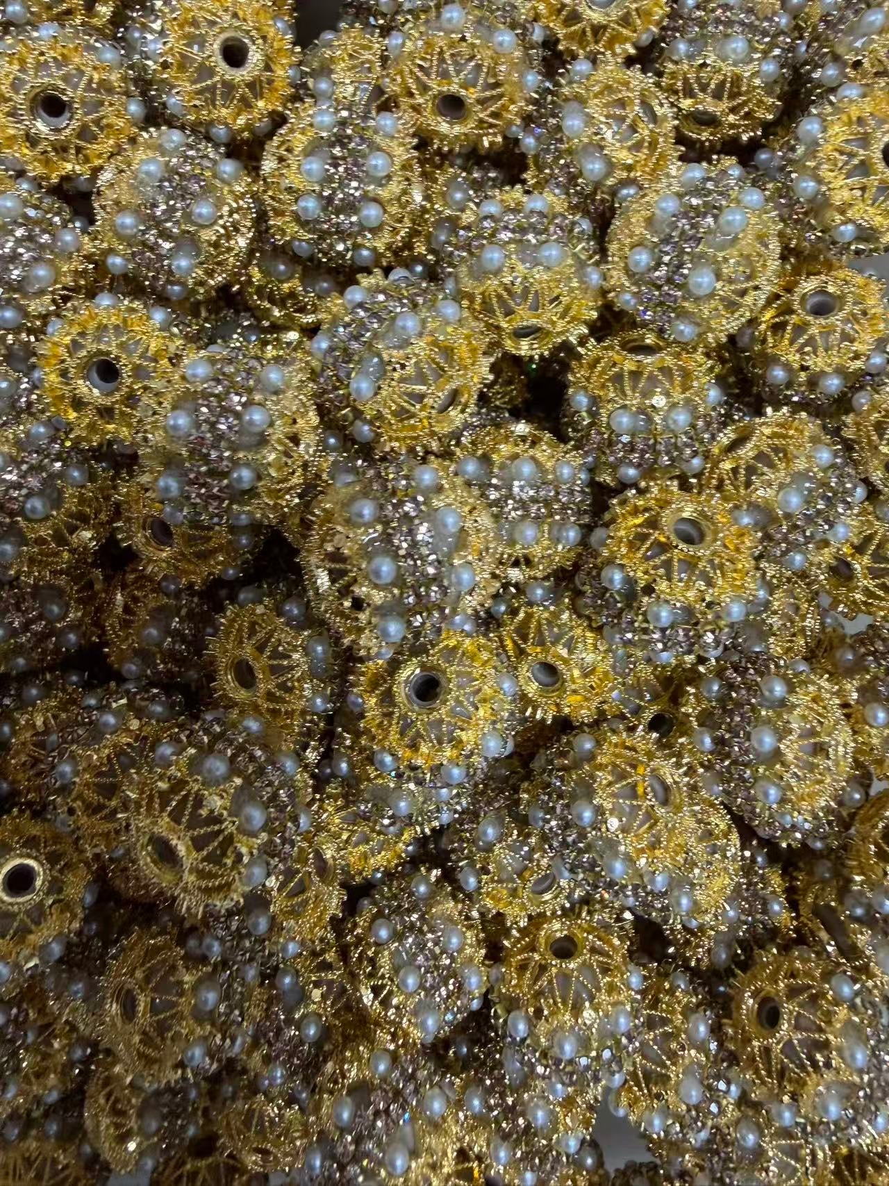 Beaded beadable metallic fancy beads ornaments with pearl and color rhinestones metallic bead cap ,random mix