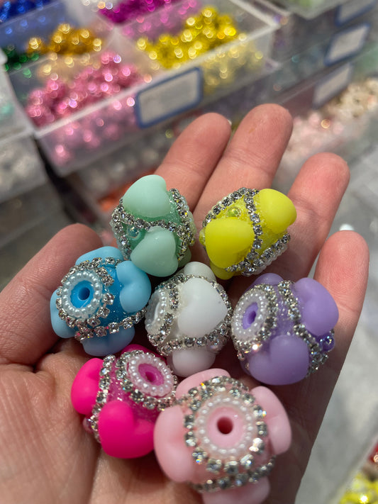 DIY beaded beadable fancy heart shaped beads with silver rhinestone chain,colored