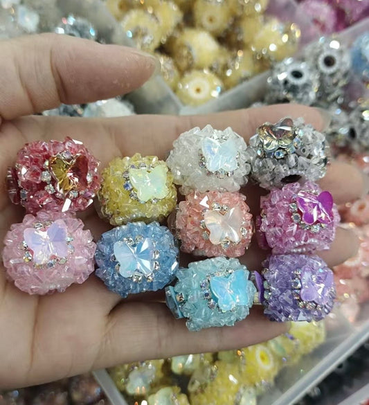 fancy butterfly beads beaded beadable crystal butterfly with pearl and rhinestone chain ,random mix color