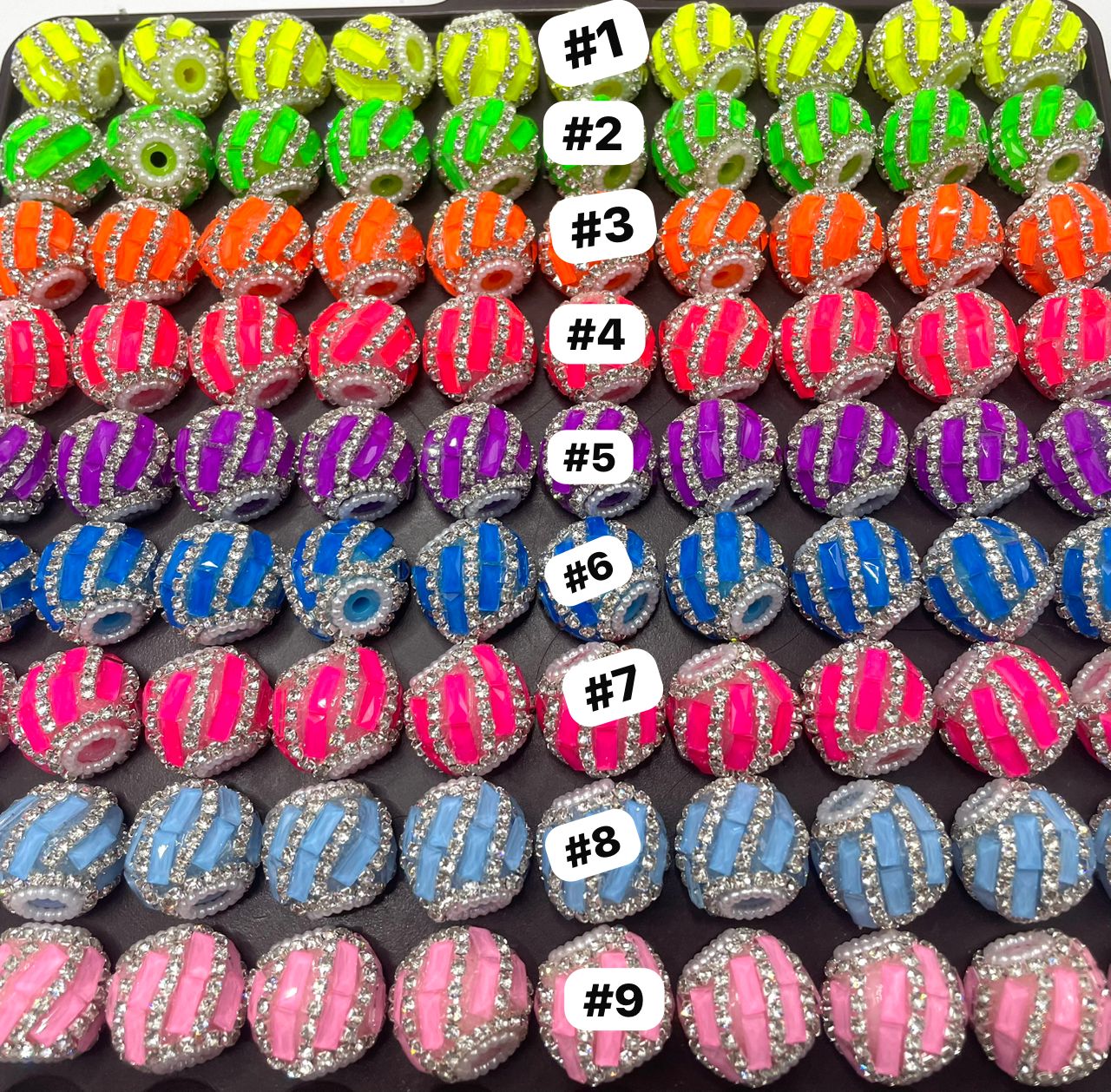 beaded beadable fancy Neon color beads mirror beads with silver rhinestone chain,random mix
