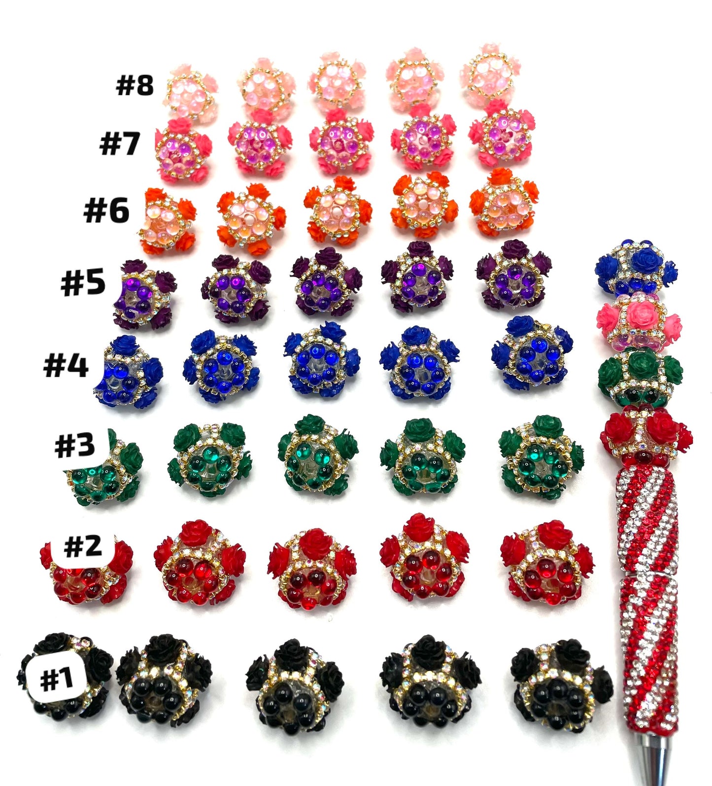 Fancy rose bead with gold color rhinestone chain and bubble clear base bead ,colored ,random mix