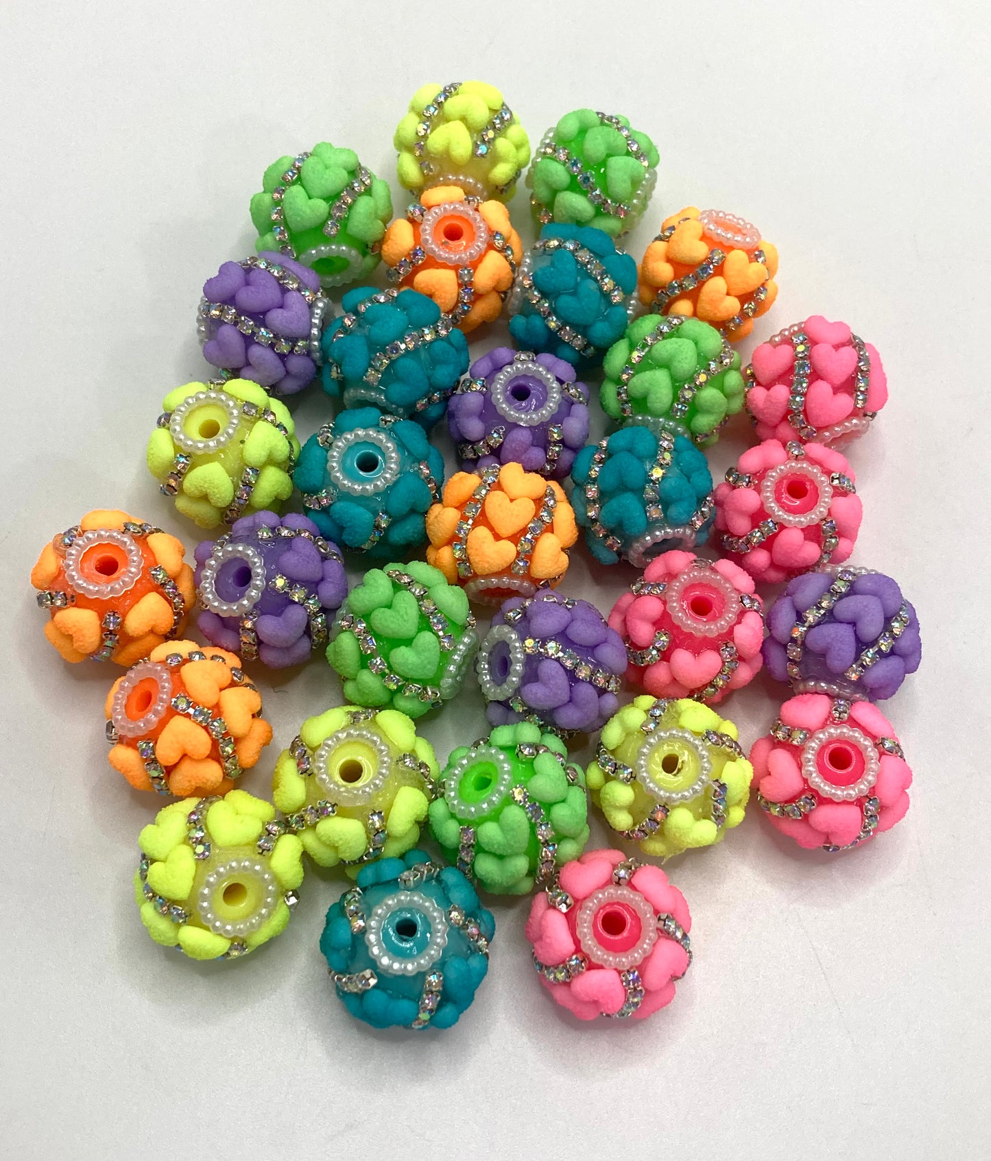 beaded beadable fuzzy heart beads neon bead heart beads with silver rhinestone chain fancy beads