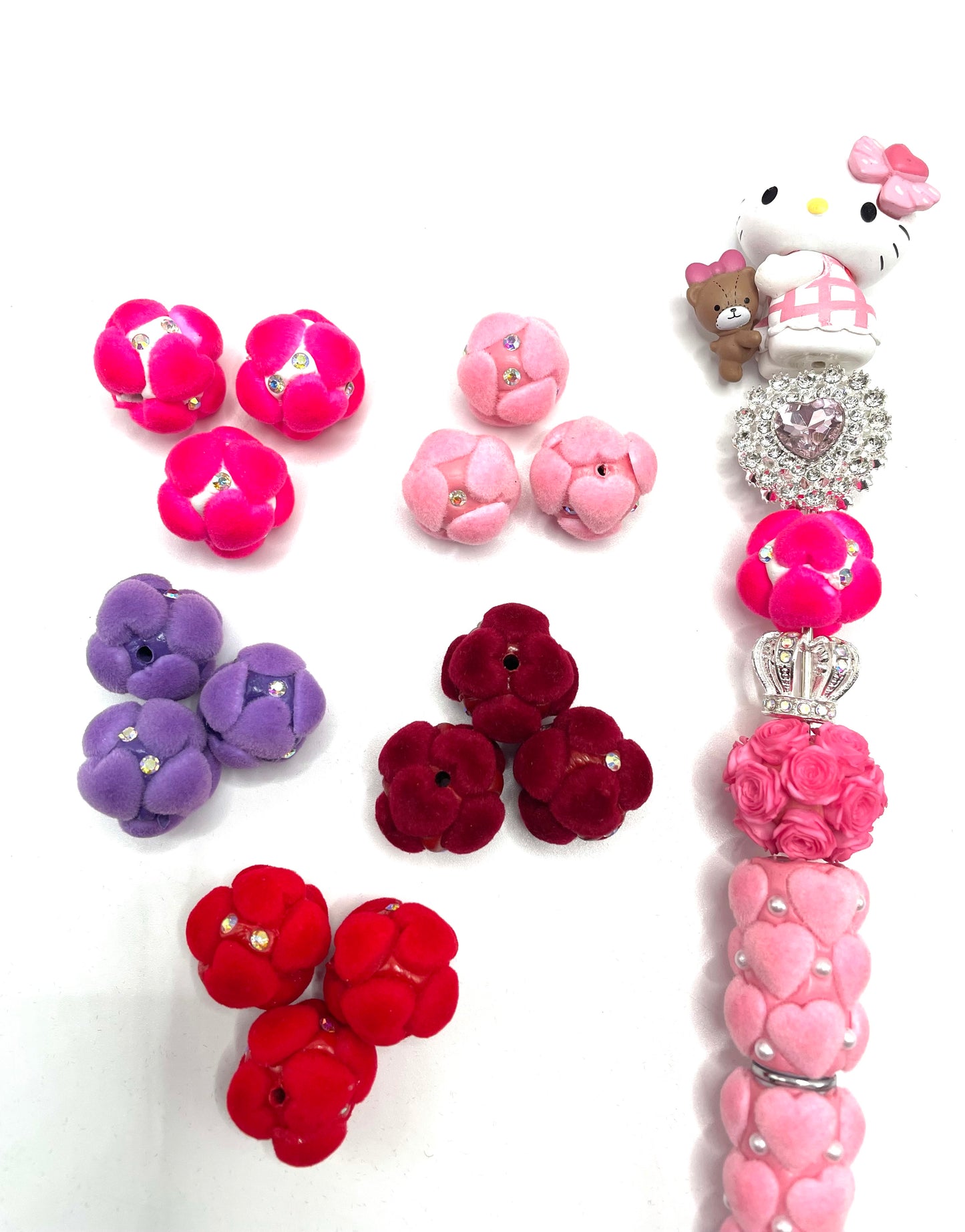 Beaded beadable flocked fancy fuzzy heart beads ,colored