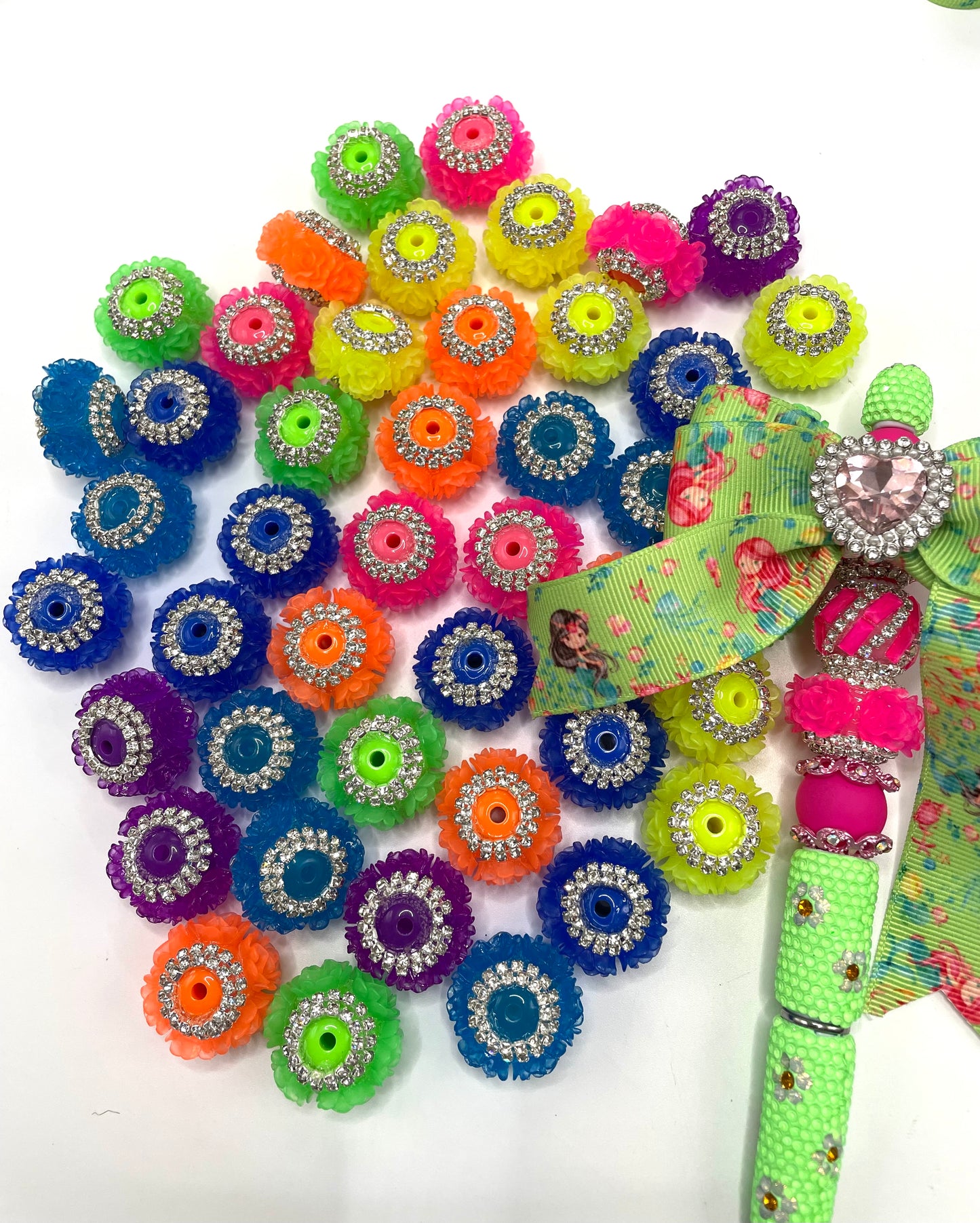Beaded beadable fancy flower beads neon colored with rhinestone chain,random mix