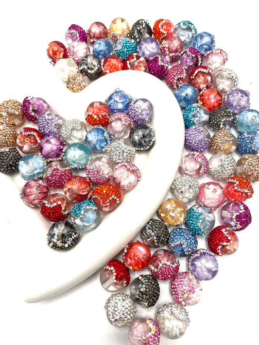 Hot sell fancy rose flower acorn drip bead beaded beadable with rhinestone acorn cap ,random mix