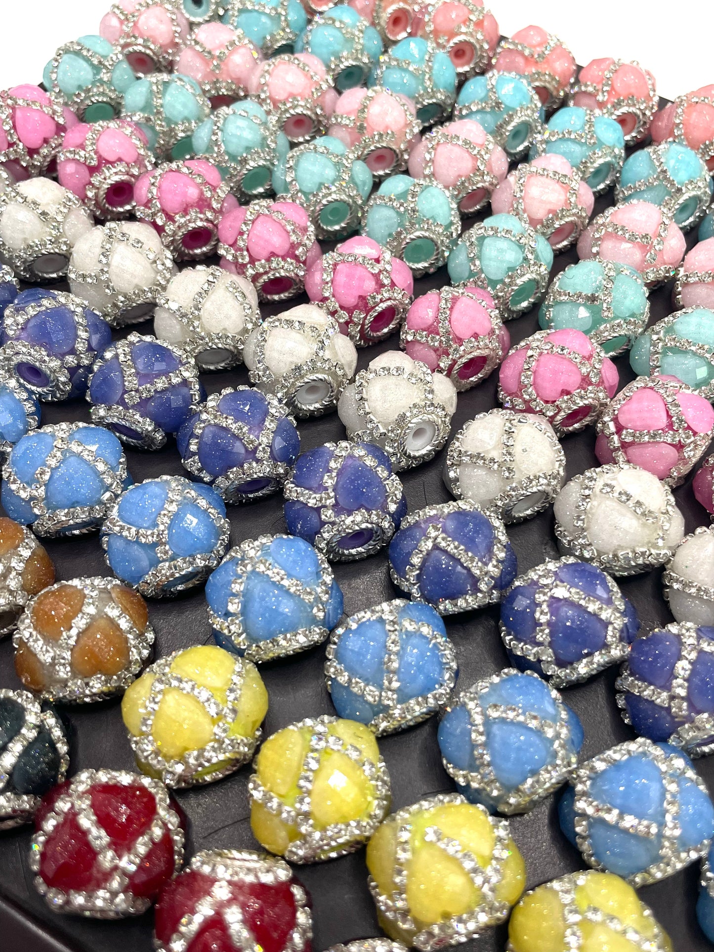glitter heart bead with silver rhinestone chain fancy beads 18mm Random Mix