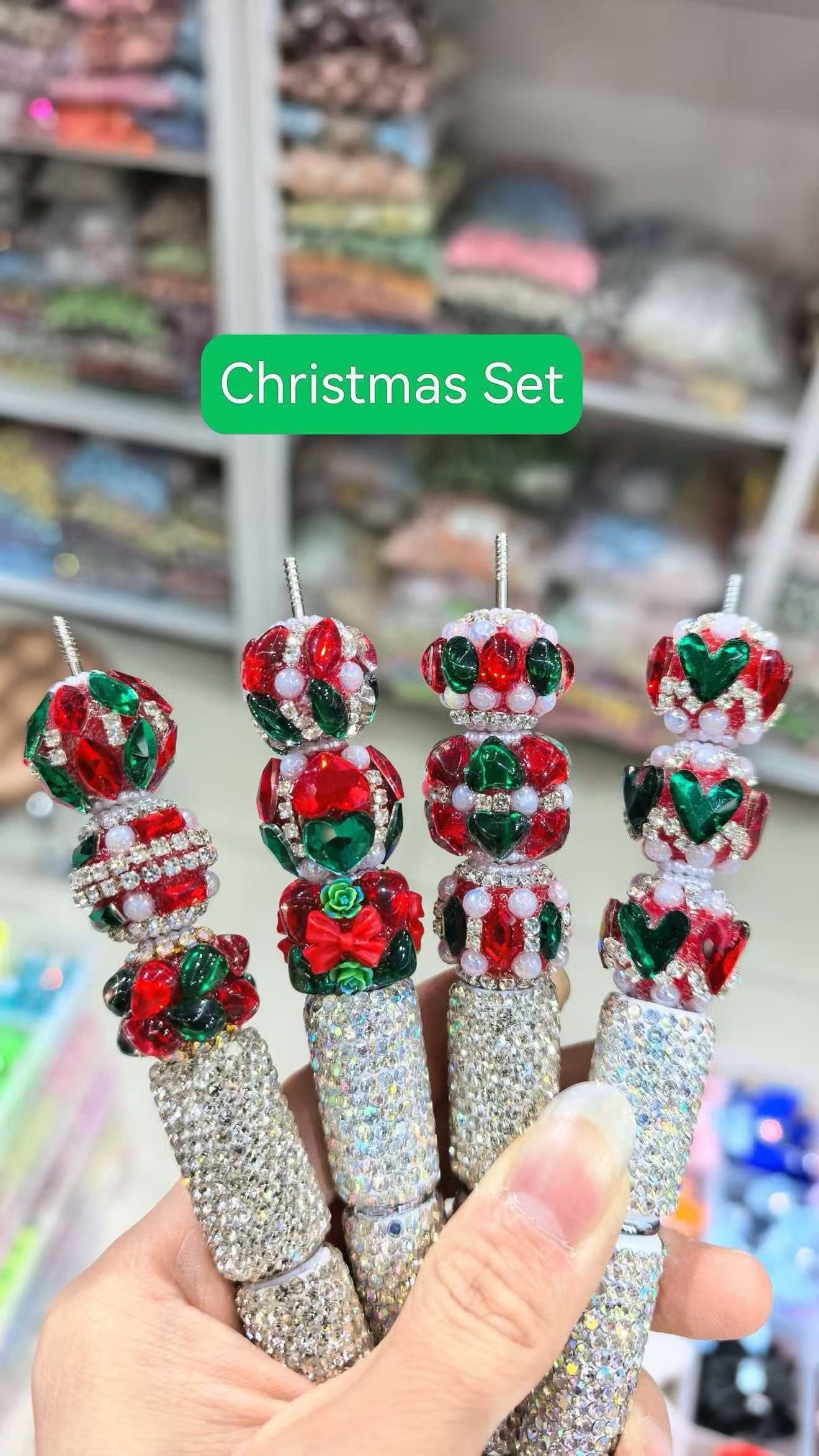 diy beaded beadable fancy beads ornaments with crystal hfeart pearl and bow and rhinestone chain ,Christmas vibe colorrandom mix