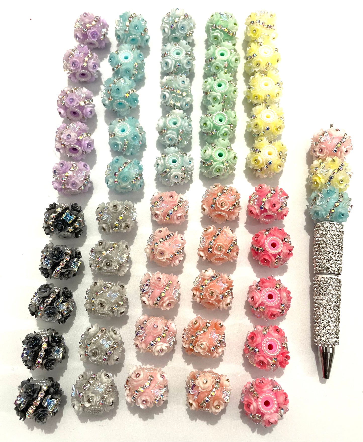 beaded beadable fancy flower ornaments with butterfly and rhinestone chain ,colored ,random mix