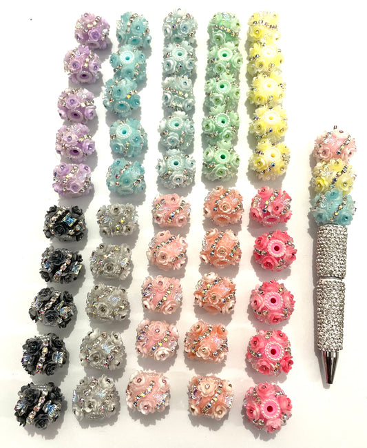 beaded beadable fancy flower ornaments with butterfly and rhinestone chain ,colored ,random mix